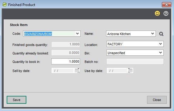 Sicon Works Order Processing Help and User Guide - Finished Items screen