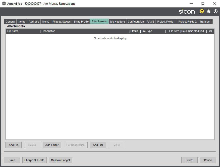 Sicon Job Costing Help and User Guide - Attachments tab