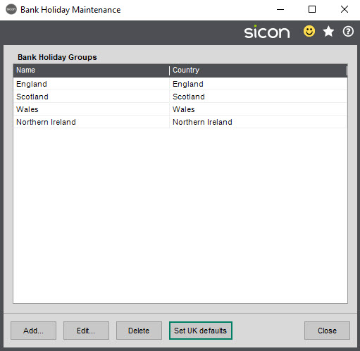 Sicon Job Costing Help and User Guide - Bank Holidays