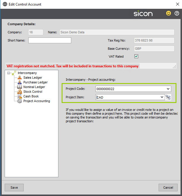 Sicon Intercompany Help and User Guide - 3.8 Control Accounts Project Accounting