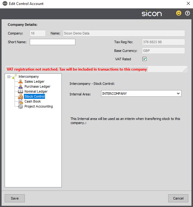 Sicon Intercompany Help and User Guide - 3.8 Control Accounts Stock Control