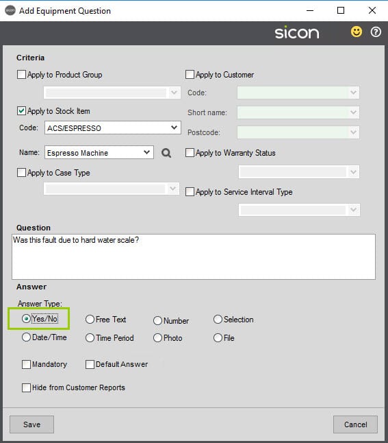 Sicon Service Help and User Guide - 4.13 Equipment Questions screen 1