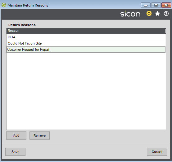 41. Sicon Service Help and User Guide - Maintain Return Reasons