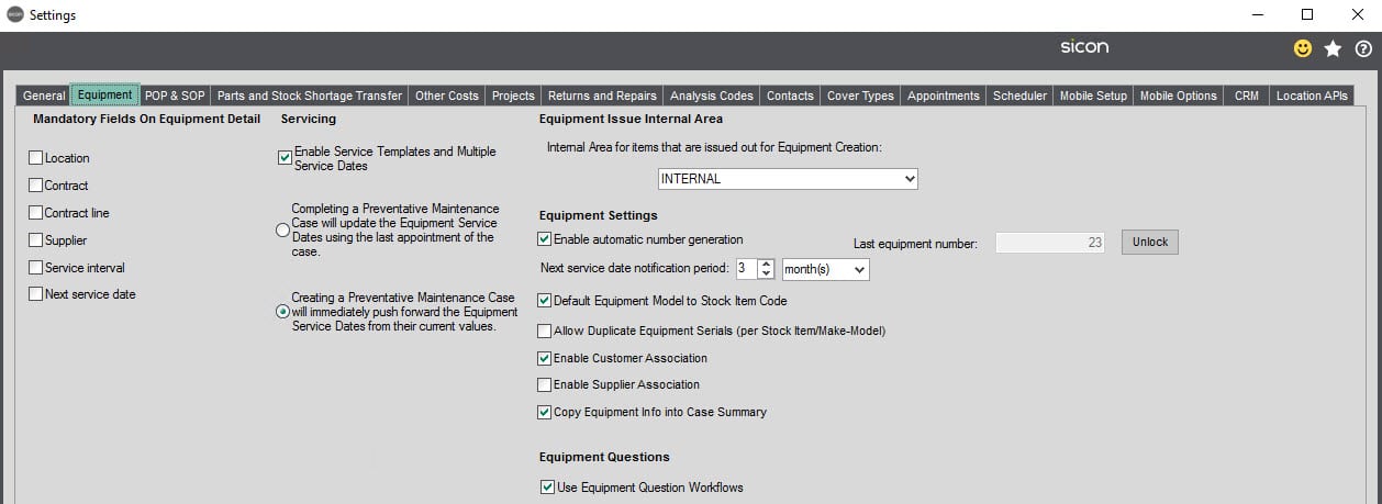 Sicon Service Help and User Guide - 5.2 Equipment tab screen 1