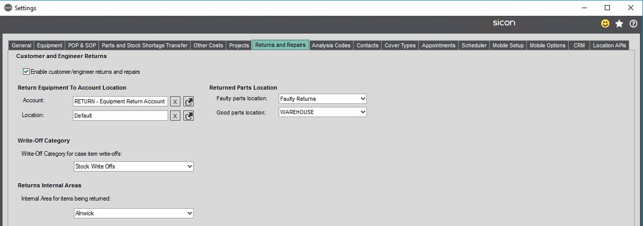 Sicon Service Help and User Guide - 5.7 Returns and Repairs screen 1