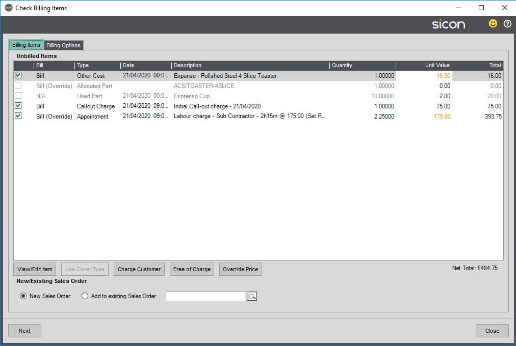 Sicon Service Help and User Guide - 8.25 Billing Summary screen 7