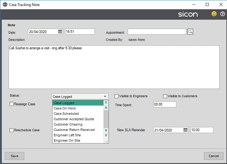 Sicon Service Help and User Guide - 8.3 Tracking screen 1