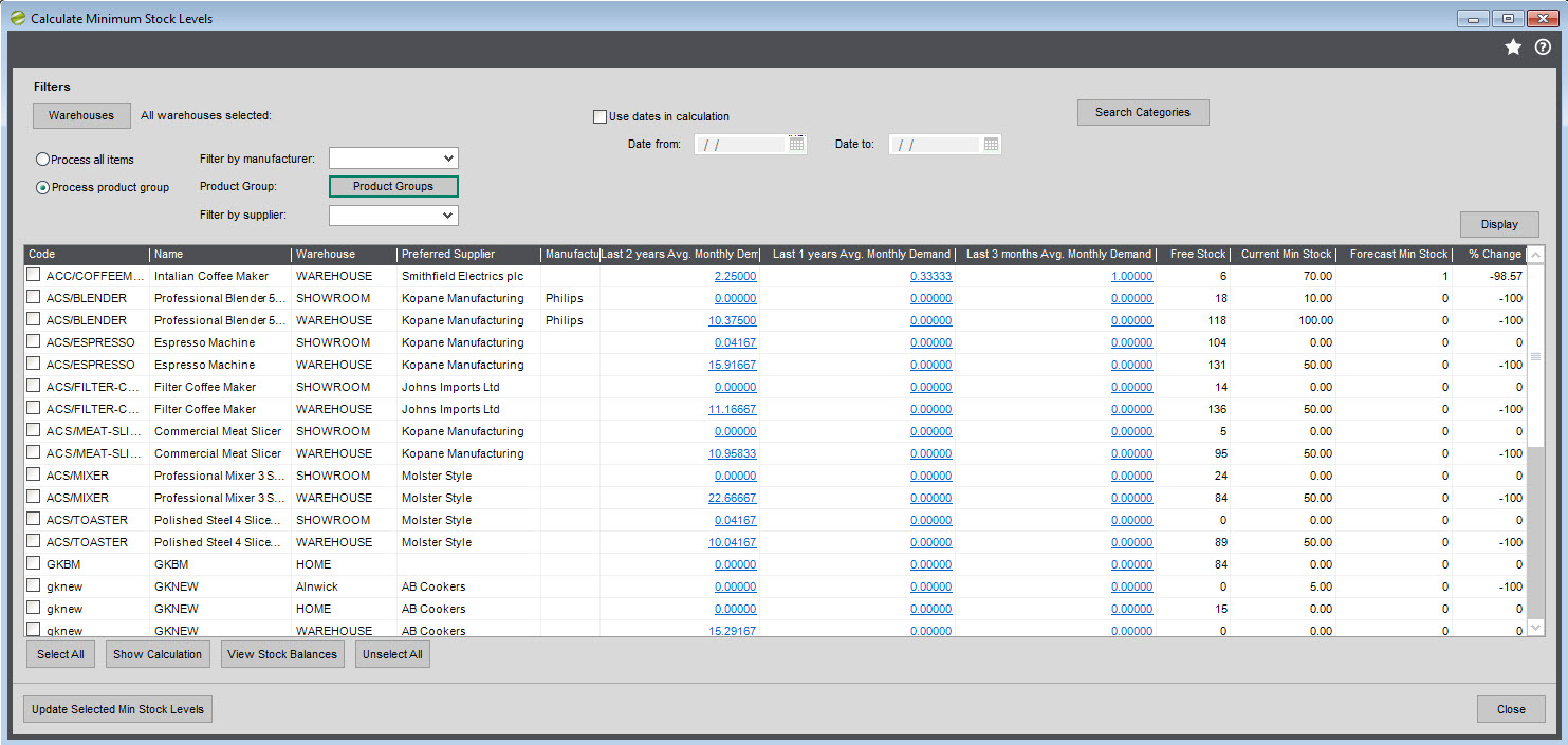 Sicon Distribution Manager Help and User Guide Calculate Min Stock Levels