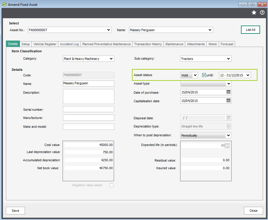 Sicon Fixed Assets for Sage 200 Help and User Guide - Hold an asset