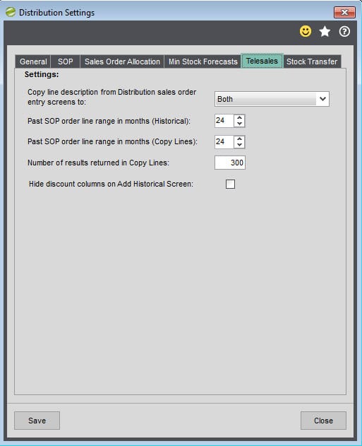 Sicon Distribution Manager Help and User Guide Settings Telesales tab