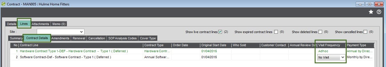 Sicon Contract Manager Help and User Guide Visit Frequency Maintenance as displayed on a line