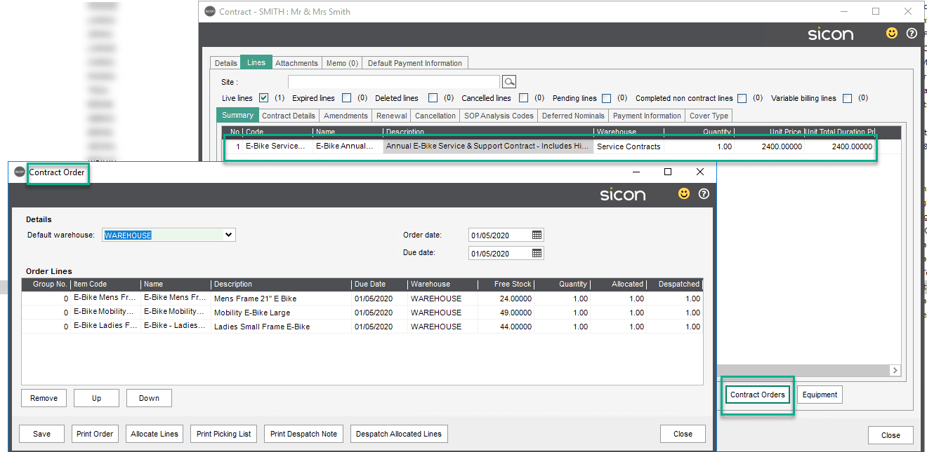 Sicon Contracts Help and User Guide - adding contract order lines to a contract line