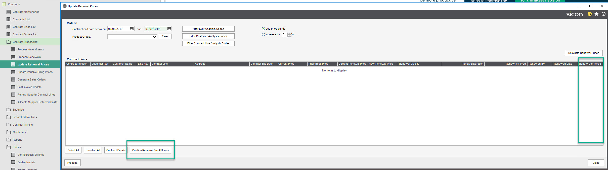 Sicon Contracts Help and User Guide - section 6.5 image 3 screen with feature ticked