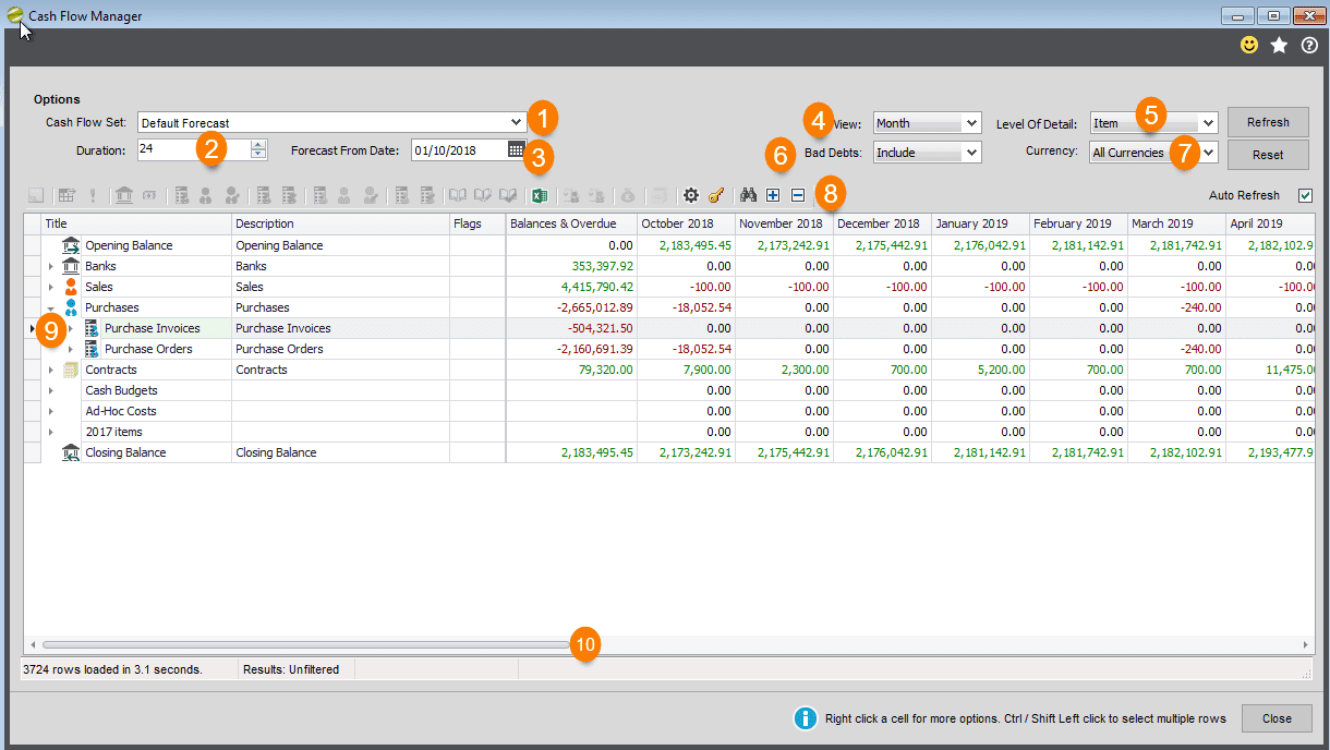 Sicon Cash Flow Help and User Guide - Default Forecast Screen