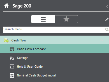 Sicon Cash Flow Help and User Guide - Cash Flow Forecast Menu