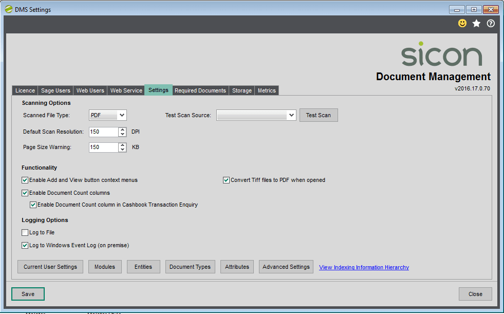Sicon DMS Help and User Guide - Settings