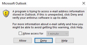 Sicon Documents Help and User Guide - 12.2 Outlook warning message