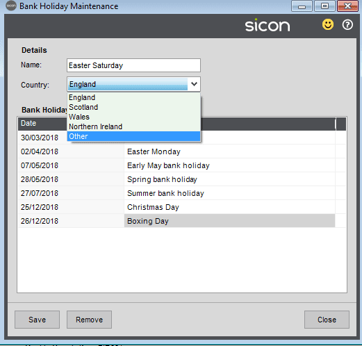 15. Sicon Hire Help and User Guide - Screen Settings - bank holiday maintenance