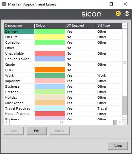 Sicon Hire Help and User Guide - Appointments screen