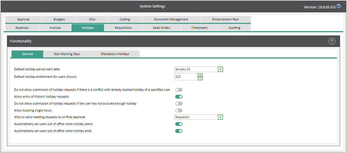Sicon WAP Help and User Guide Holidays Module - System Settings
