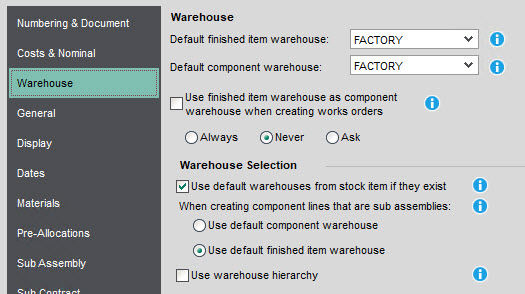 Sicon Works Orders HUG - Section 11.3 Image 1 - Warehouse Defaults